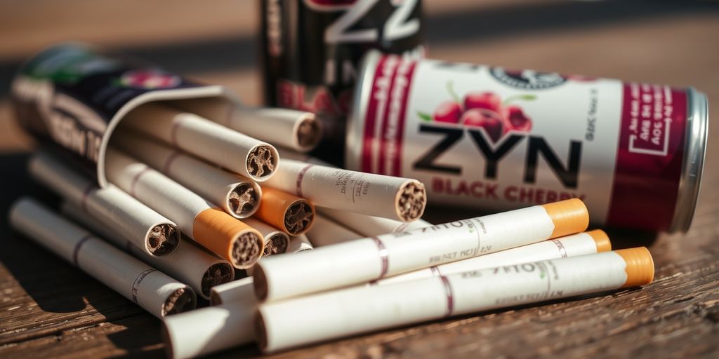 Clove cigarettes and Zyn Black Cherry cans on wood.