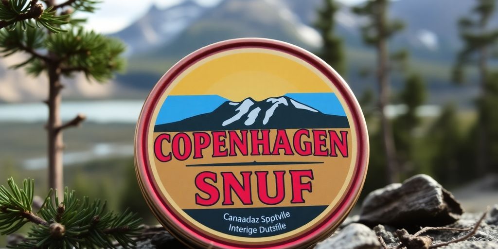 Copenhagen Snuff can against a Canadian landscape backdrop.