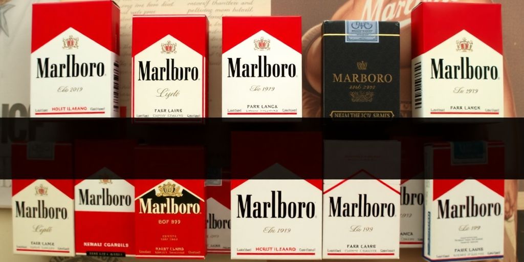 Collage of Marlboro cigarette packs over the years.