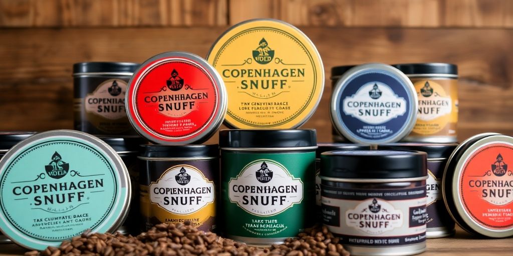 Copenhagen Snuff tins in various flavors on a wooden surface.