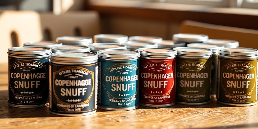 Close-up of Copenhagen Snuff cans on a wooden table.