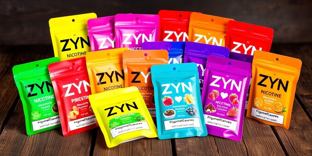 Colorful ZYN nicotine pouches on a wooden table.