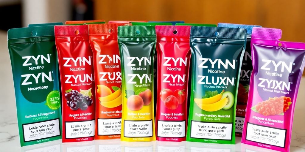 Colorful ZYN nicotine pouches in various flavors.