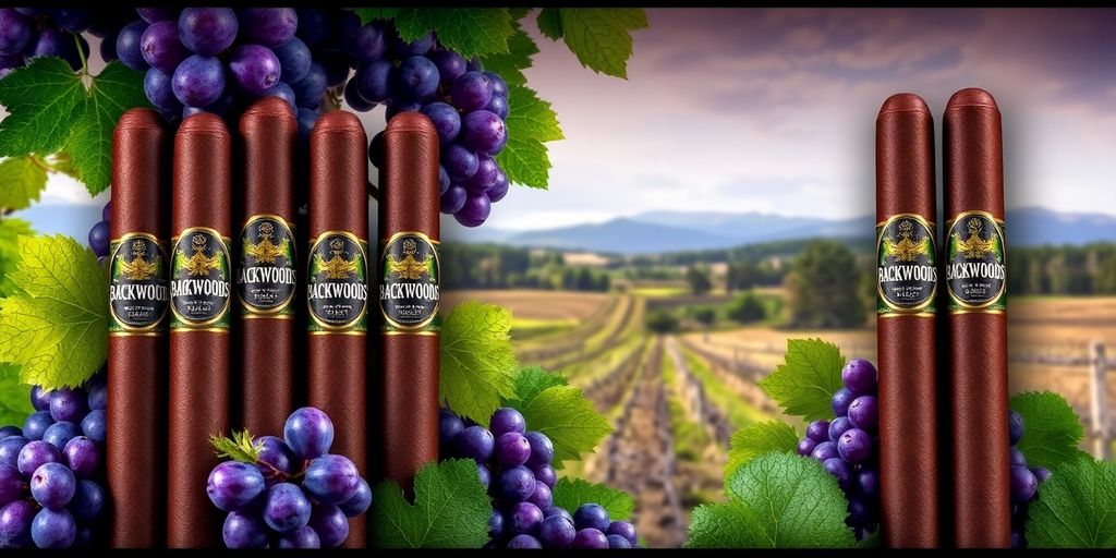 Colorful Backwoods Grape cigars with grapes and nature backdrop.