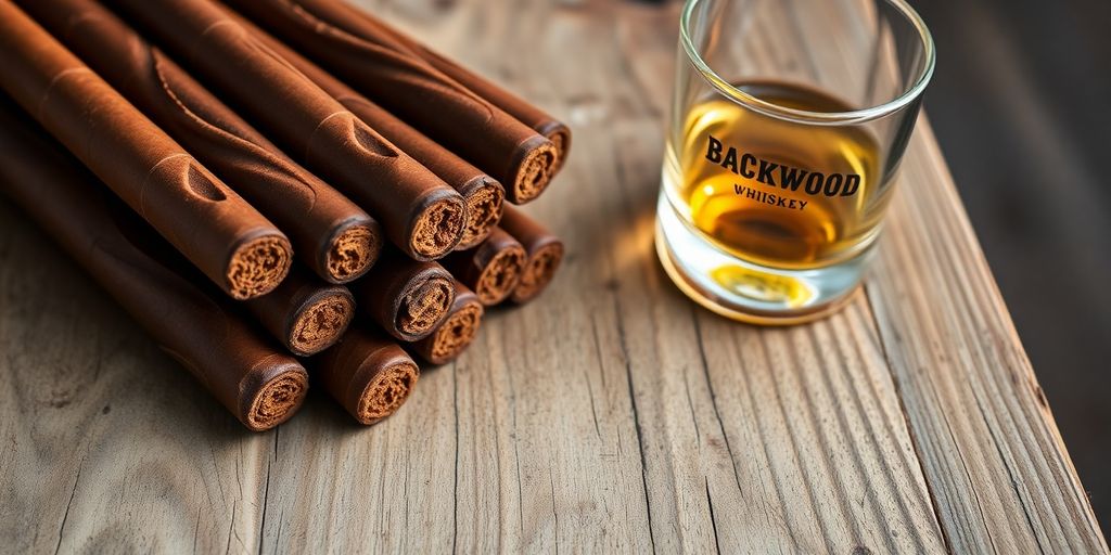 Close-up of Backwood cigars on a wooden table.