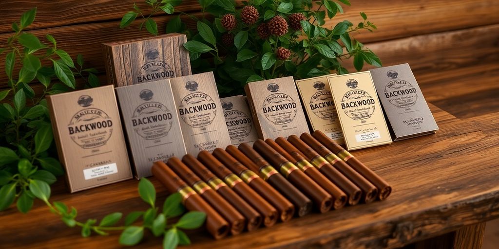 Packs of Backwood cigars on a wooden table.