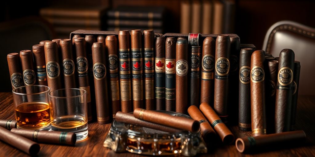 Assorted Captain Black cigars and whiskey on a table.