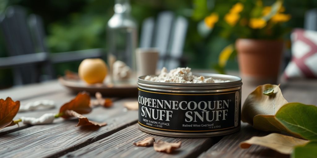 Copenhagen Snuff can on wooden table with nature background.